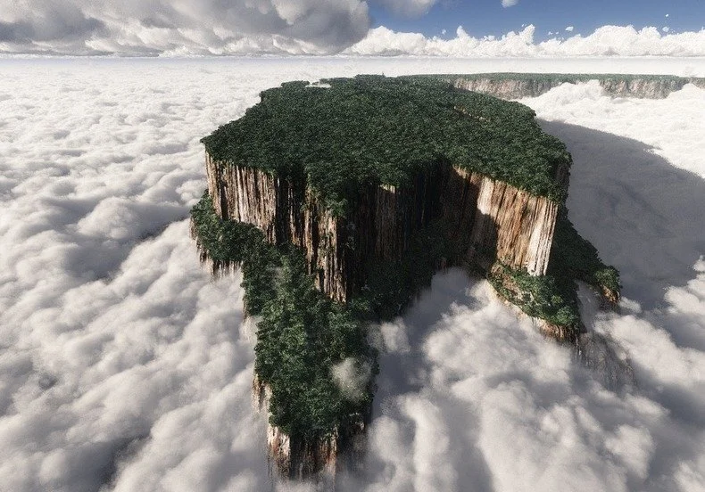 A floating island with dense greenery and trees, rising above thick clouds in the sky.