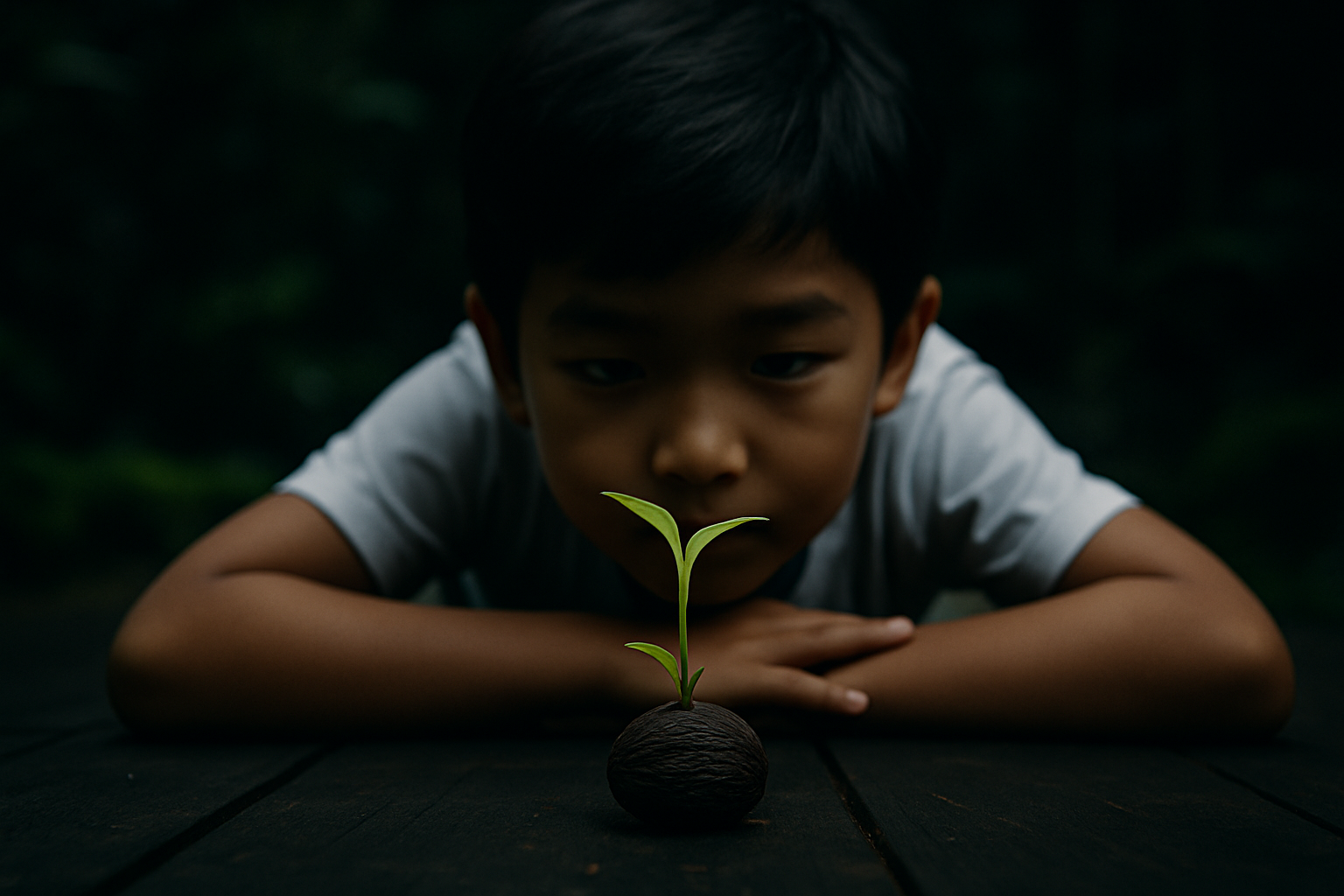 Young boy lying on a dark wooden surface, closely inspecting a small plant sprouting from a round, dark seed.