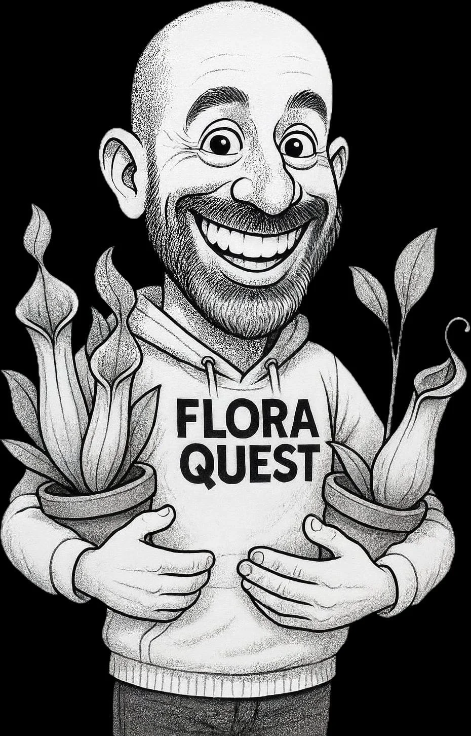 Black and white caricature of a smiling Nick Skiadopoulos, holding Heliamphora and nepenthes plants, wearing a FLORA QUEST hoodie