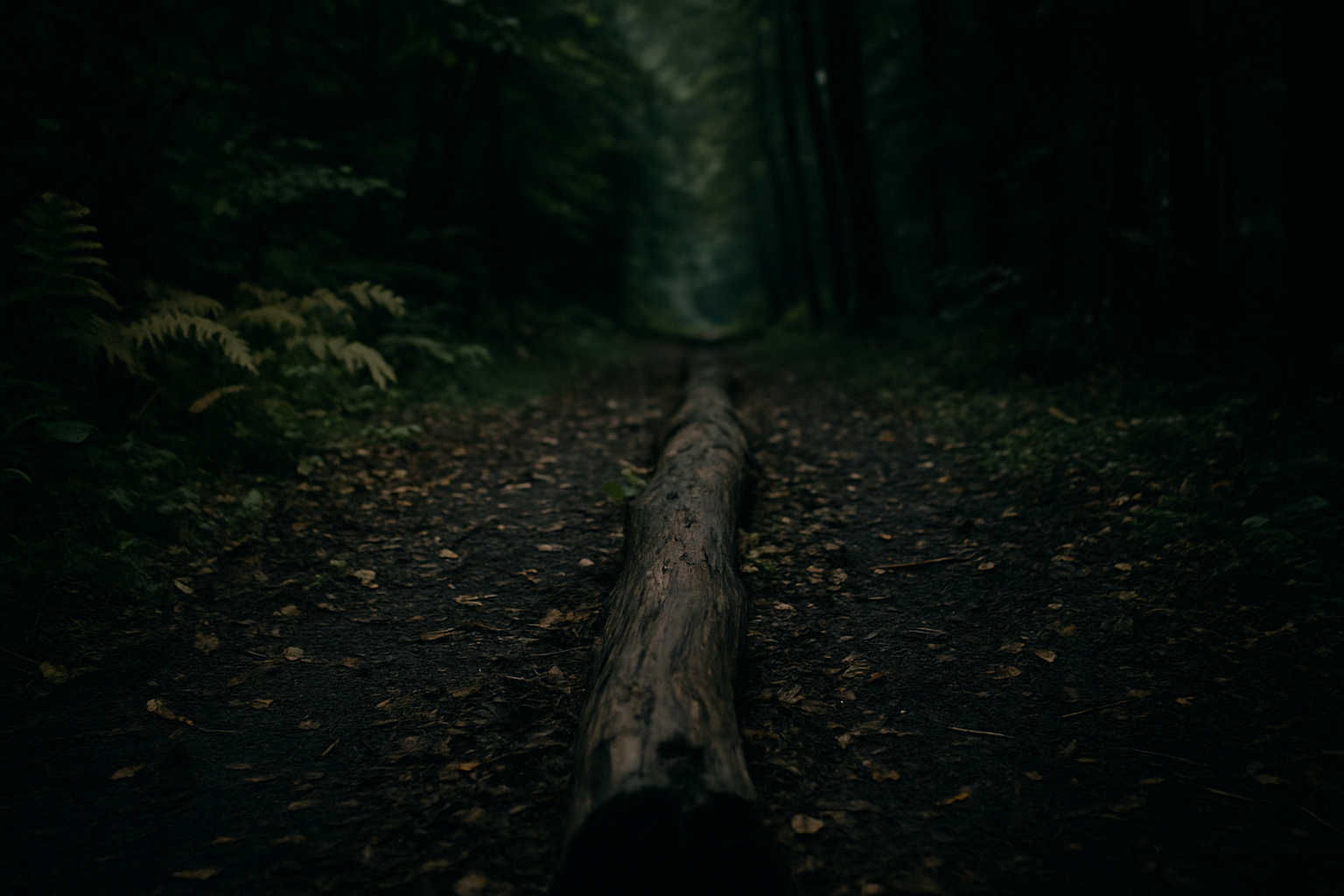 Fallen tree trunk on a dark forest path with dense trees and foliage.