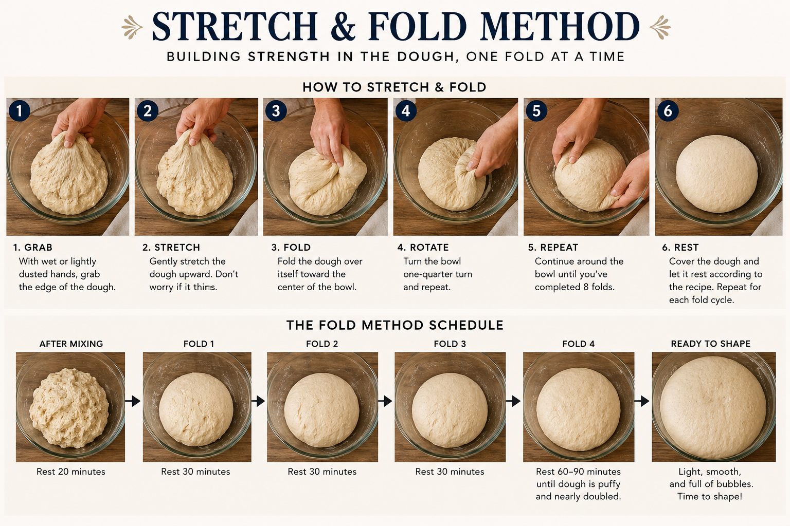 step by step instructions for the stretch and fold method of making bread