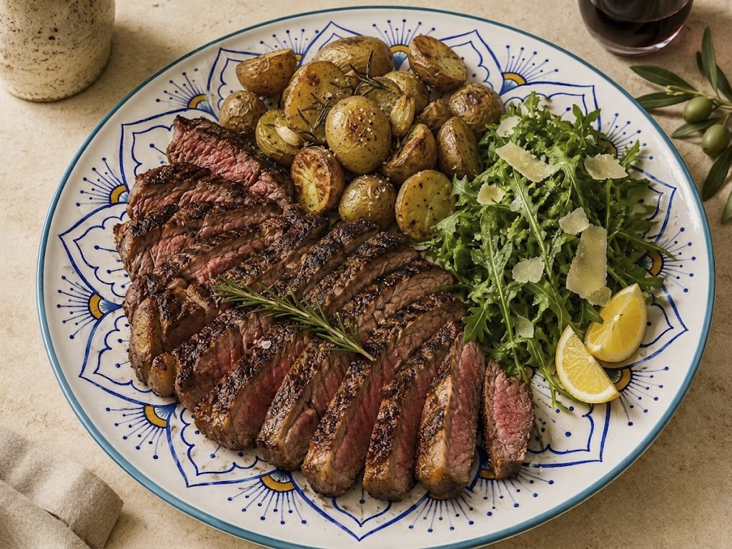 Steak served on Tavola Piena Intreccio Charger Plate in Teal