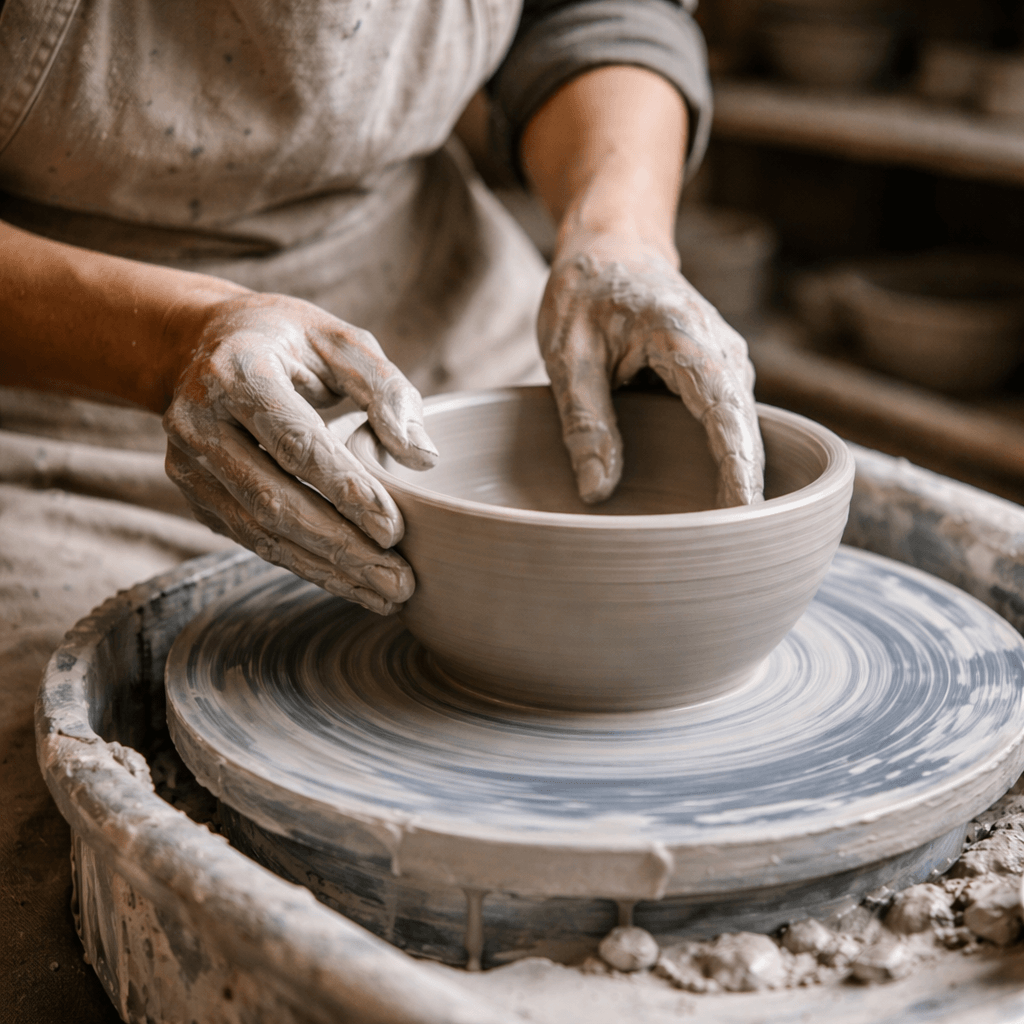 Hand forming an Italian ceramic bowl. Potter's wheel.