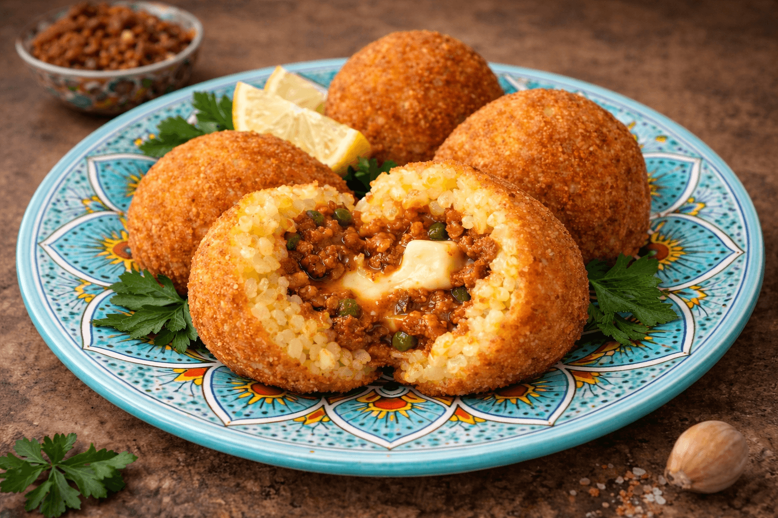 Arancine al Ragu served on the Intreccio Teal salad plate from Tavola Piena.  Handmade in Derutal Italy.