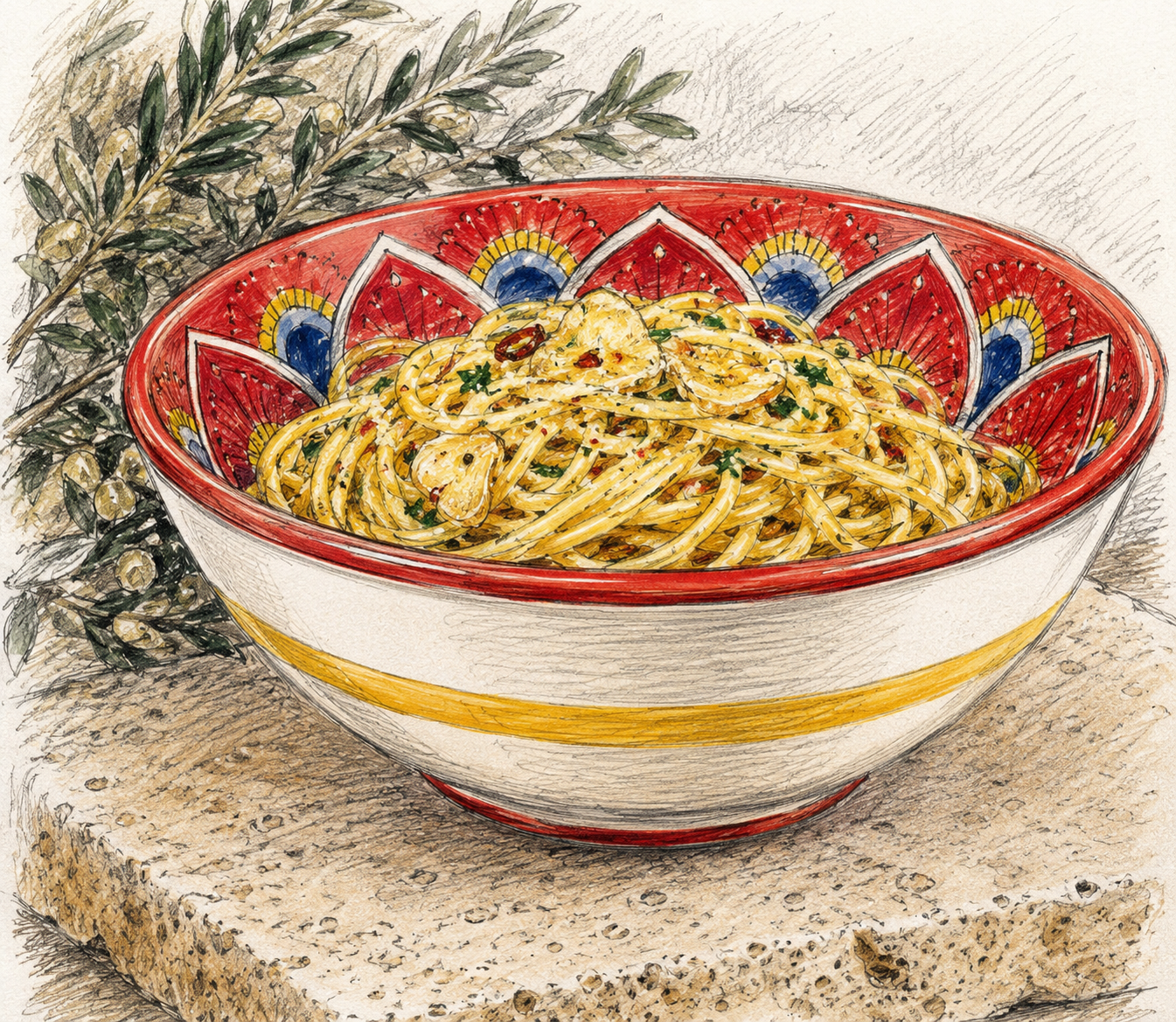Pasta Aglio e Olio served in the Intreccio Deep Soup/Pasta Bowl in Red.