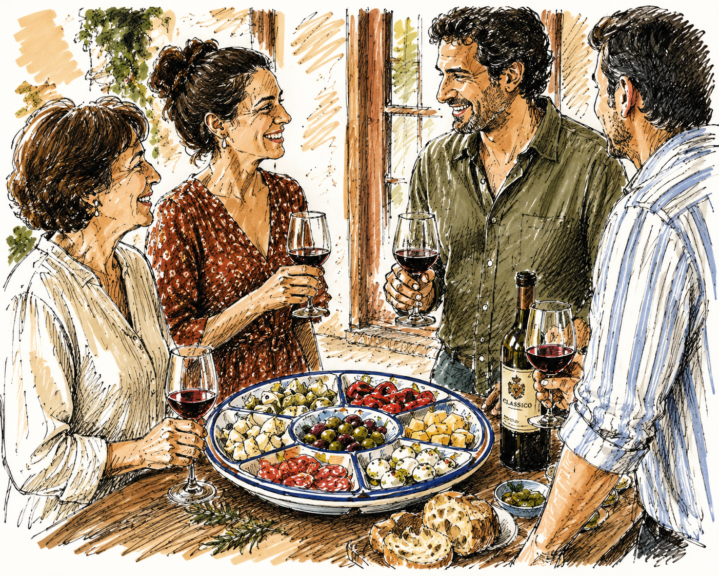 people enjoying a glass of wine while standing over an antipasto platter or antipasteria