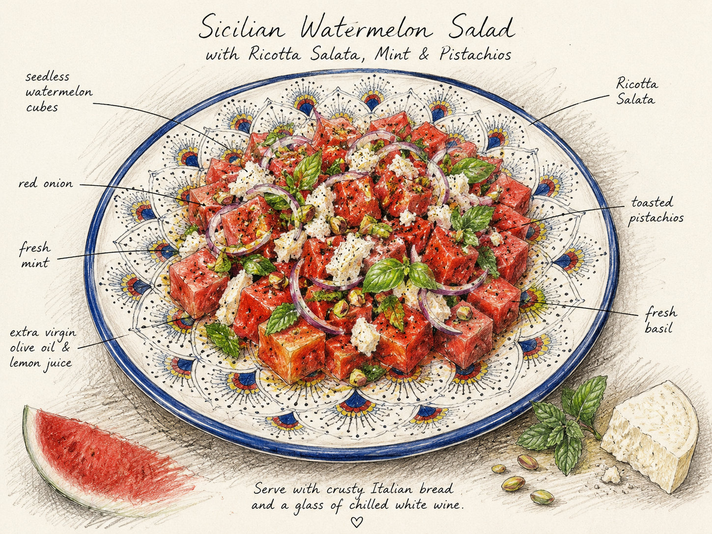 watermelon salad with ricotta salata, mint and pistachios served on a hand painted platter