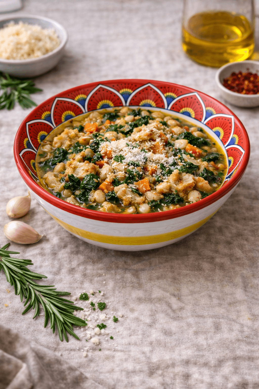 Classic Tuscan Ribolita served in the Intreccio Red Deep Soup Bowl, Handmade in Deruta Italy.