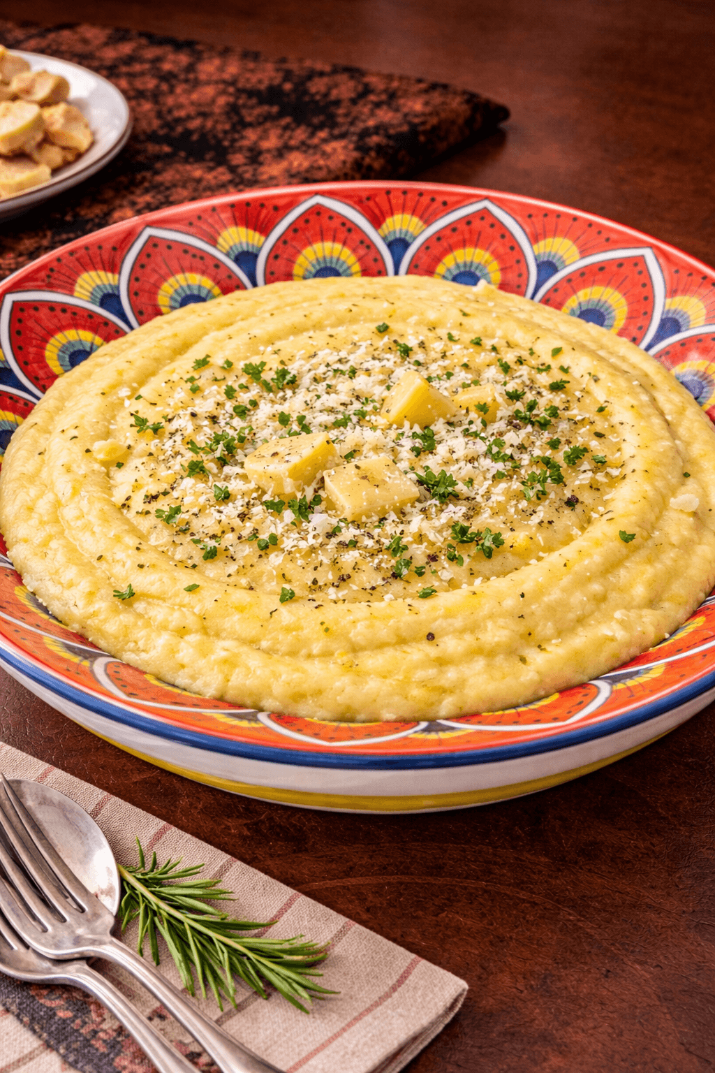 Italian poienta recipe.  Served in the Intreccio Deep Soup Bowl.  Handmade in Deruta Italy.