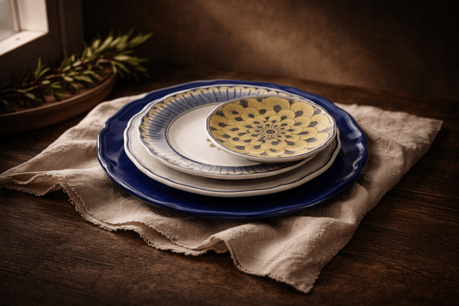 Stratificata Italian ceramic place setting with layered blue and patterned plates