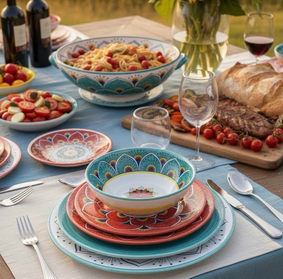 Italian ceramic farmhouse outdoor table setting with plates, bowls, wine glasses and shared dishes