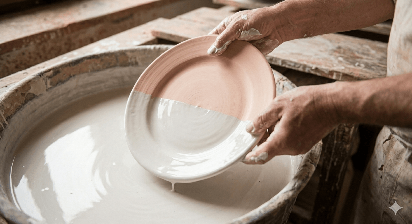 Hand dip glazing of biscuit coat on Italain ceramic plate.