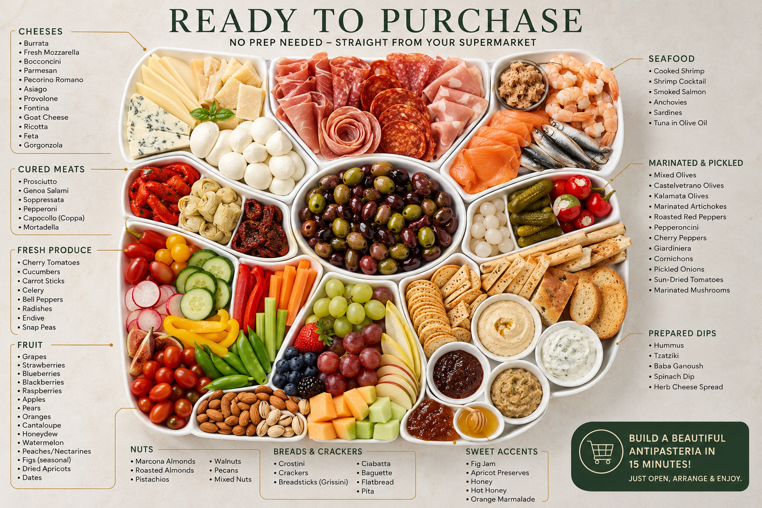 Images of ready to buy items that can be used to create an antipasto spread.