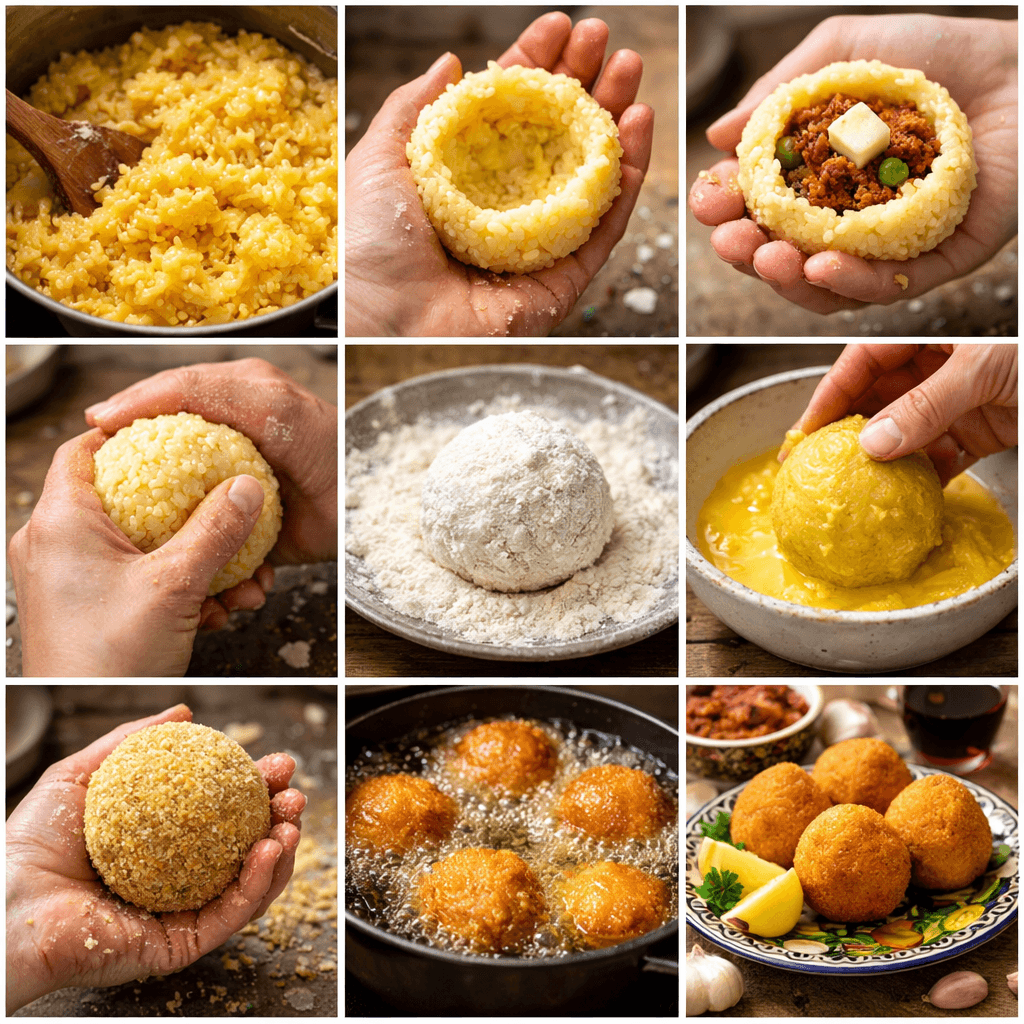 Image showing steps in the recipe to make Sicilian rice balls or arancine.
