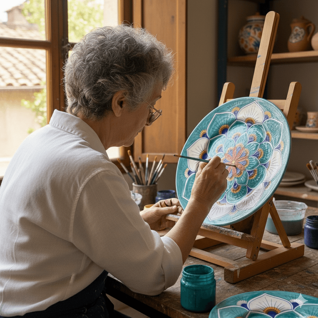Artist hand painting the Intreccio pattern onto Italian ceramics.