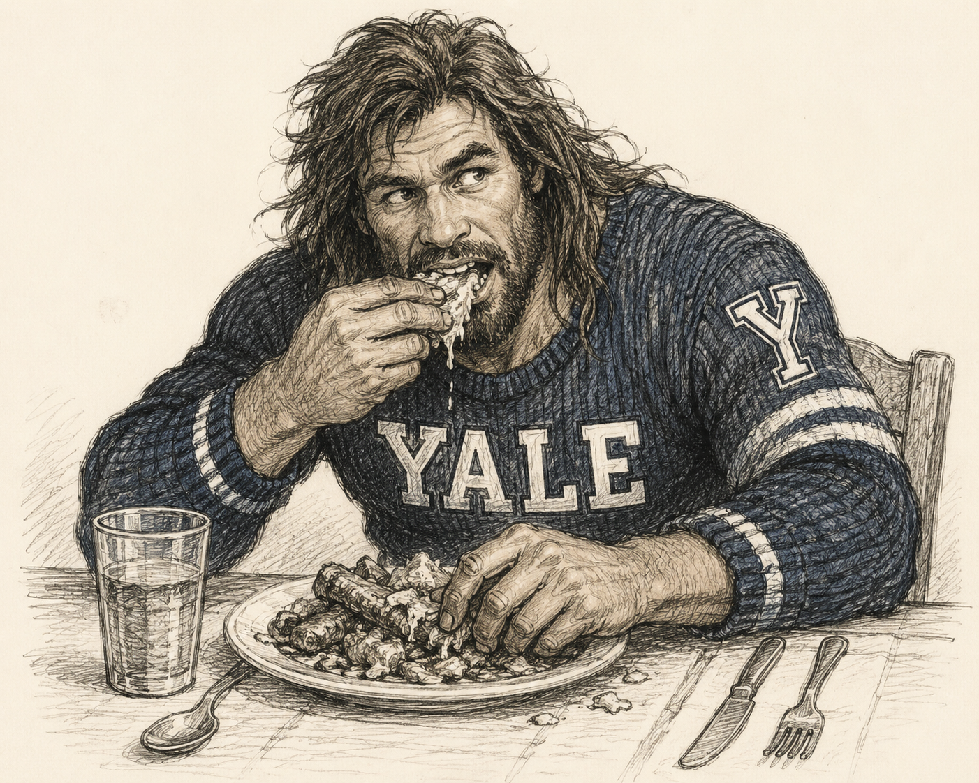 Yale man eating with his hands