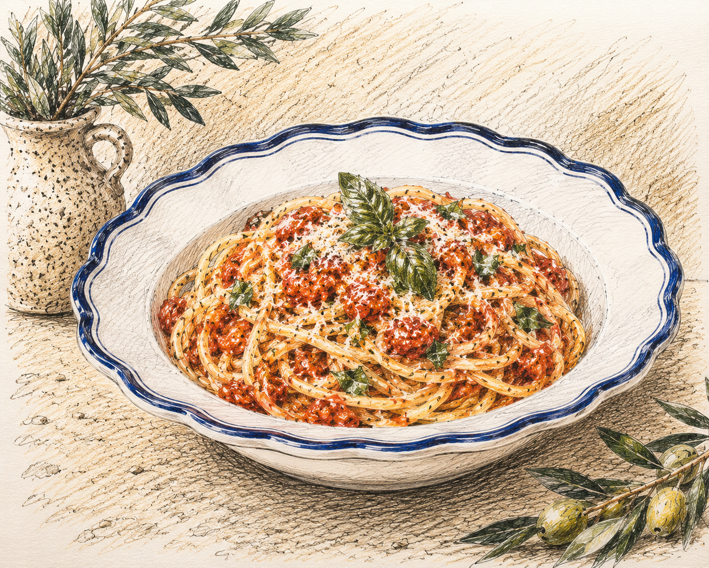 simple pasta al pomodoro served in Stratificata Rimmed Bowl