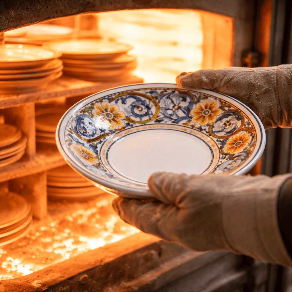 Italian ceramic bowl next to a kiln.