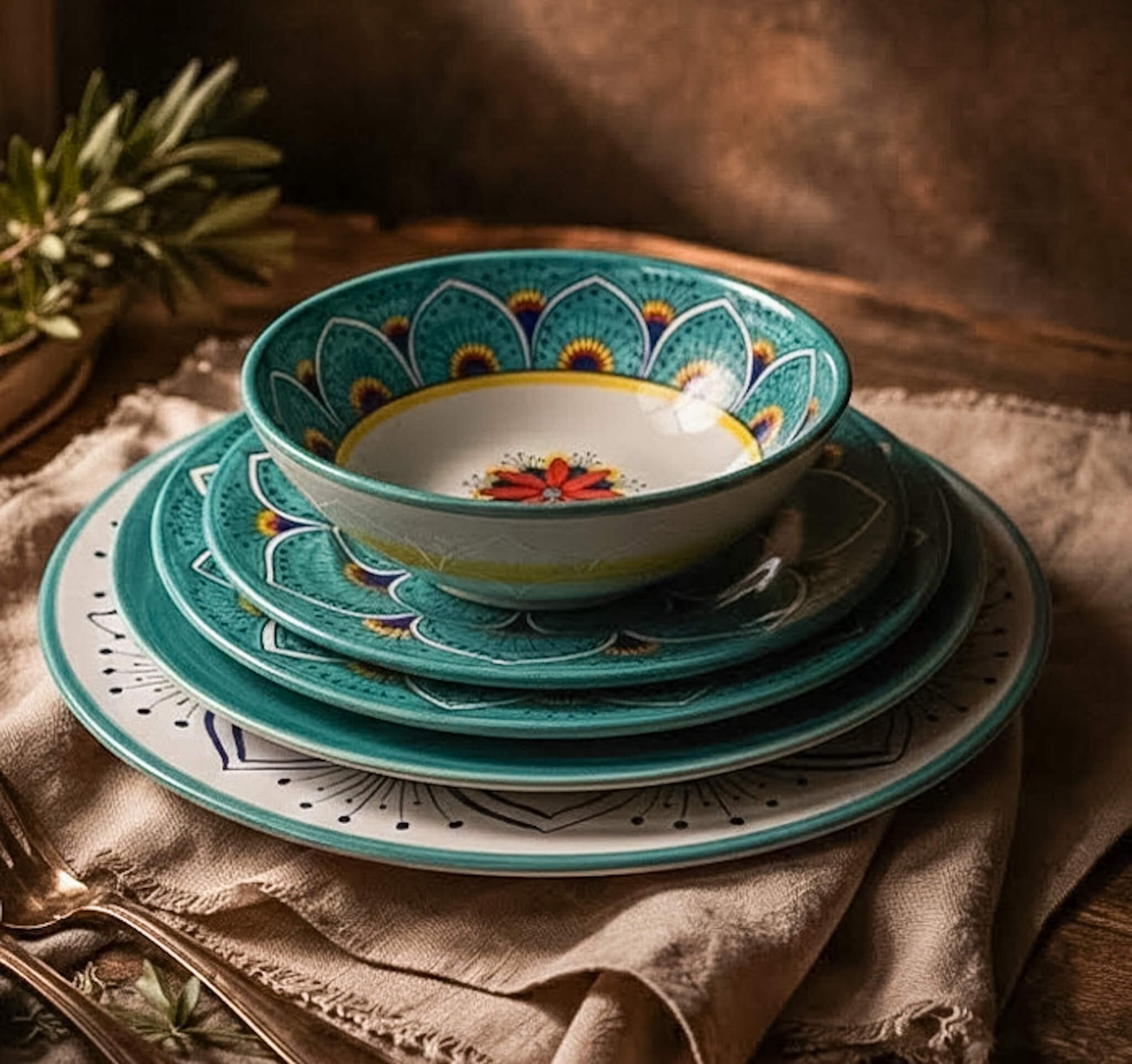 Intreccio hand-painted Italian ceramic place setting in teal with layered plates and bowl