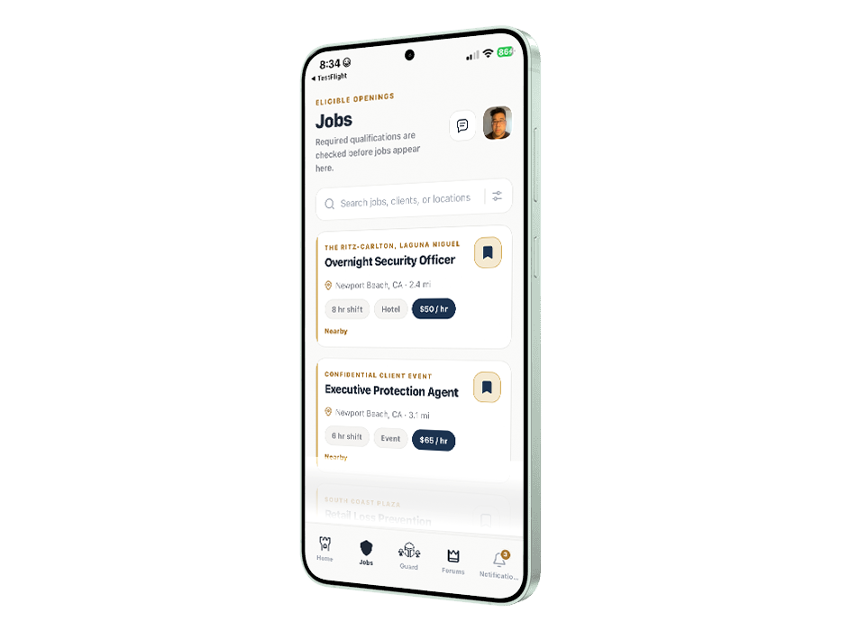 Smartphone screen displaying a job search app with listings for security and event jobs in Newport Beach, California, including details such as location, shift times, and pay rates.