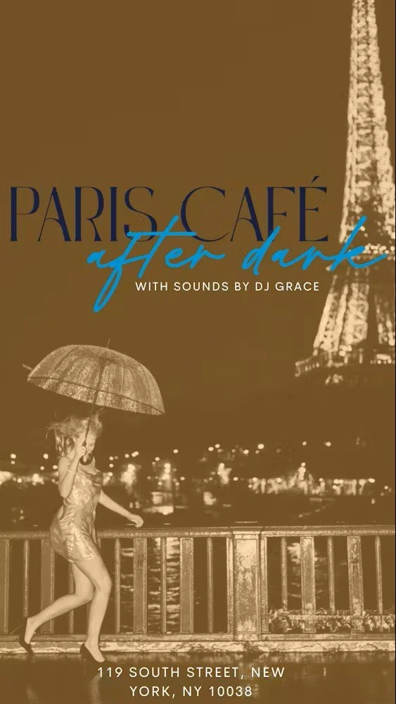 Nighttime scene with a woman running on a bridge with an umbrella, the Eiffel Tower in the background, and text promoting a Paris-themed event.