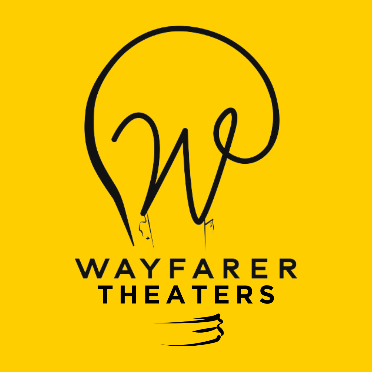Logo for Wayfarer Theaters featuring a stylized black outline of a light bulb with the letters 'W' and 'P' integrated into the filament, set against a yellow background, with the words 'WAYFARER THEATERS' below.