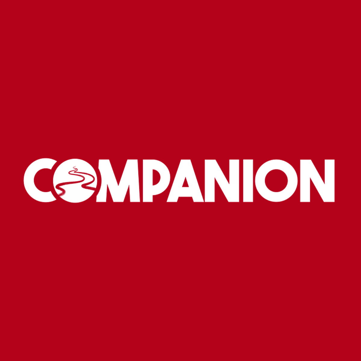 Red background with the word 'COMPANION' in white, bold text. The letter 'O' is replaced by a white circle with a red winding road symbol.