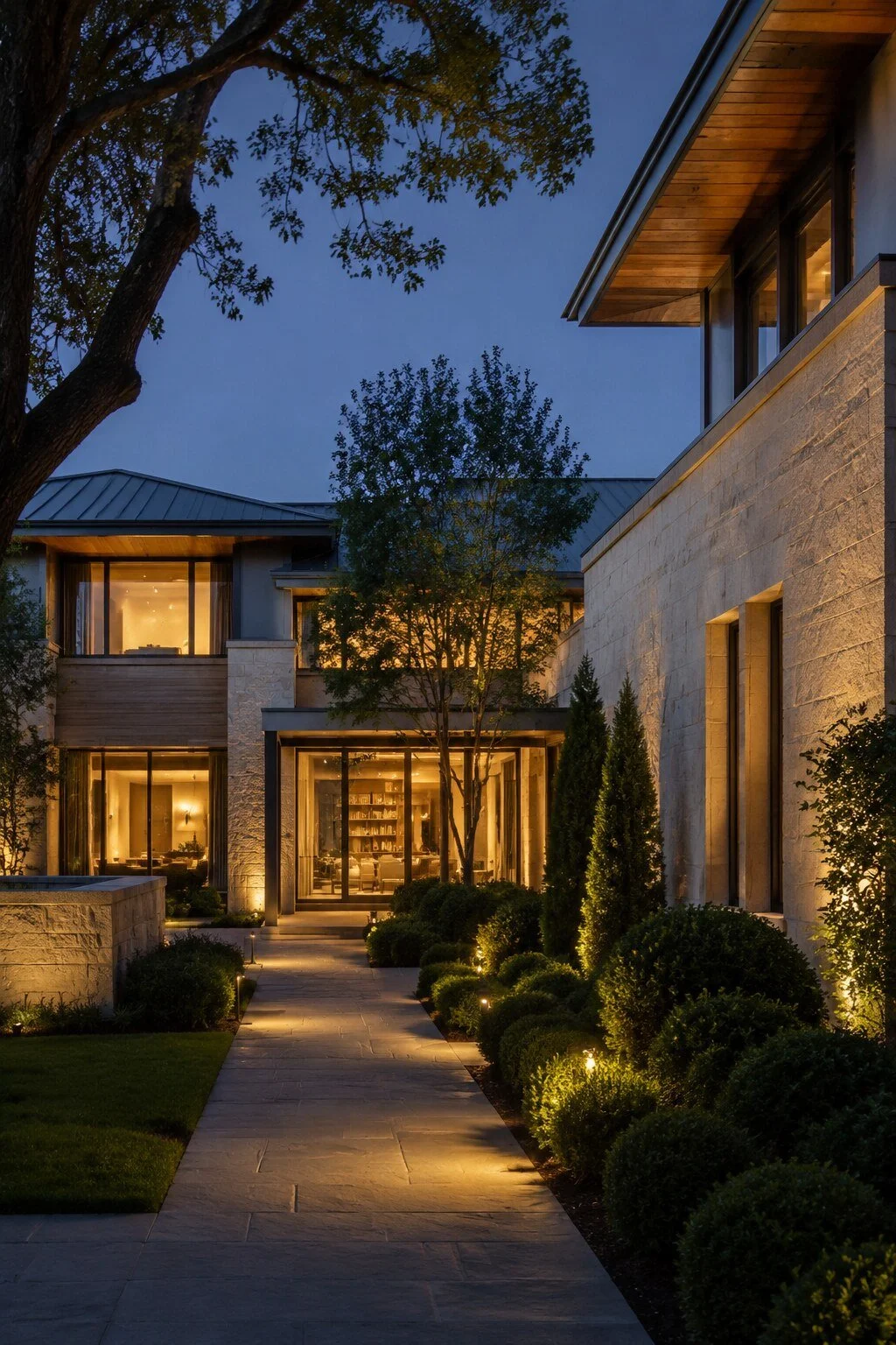 Residential exterior at blue hour with warm landscape lighting