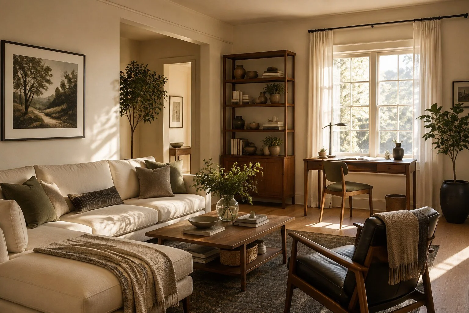 Sunlit living room with layered natural textures