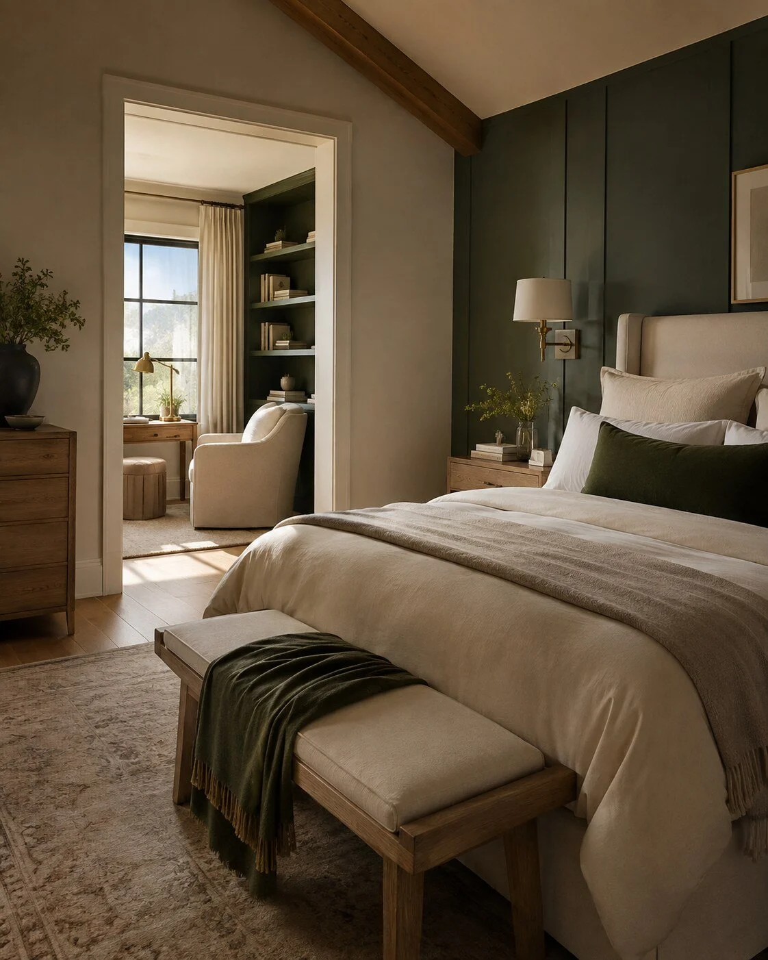 Sunlit oak bedroom with a calm reading nook and warm natural finishes