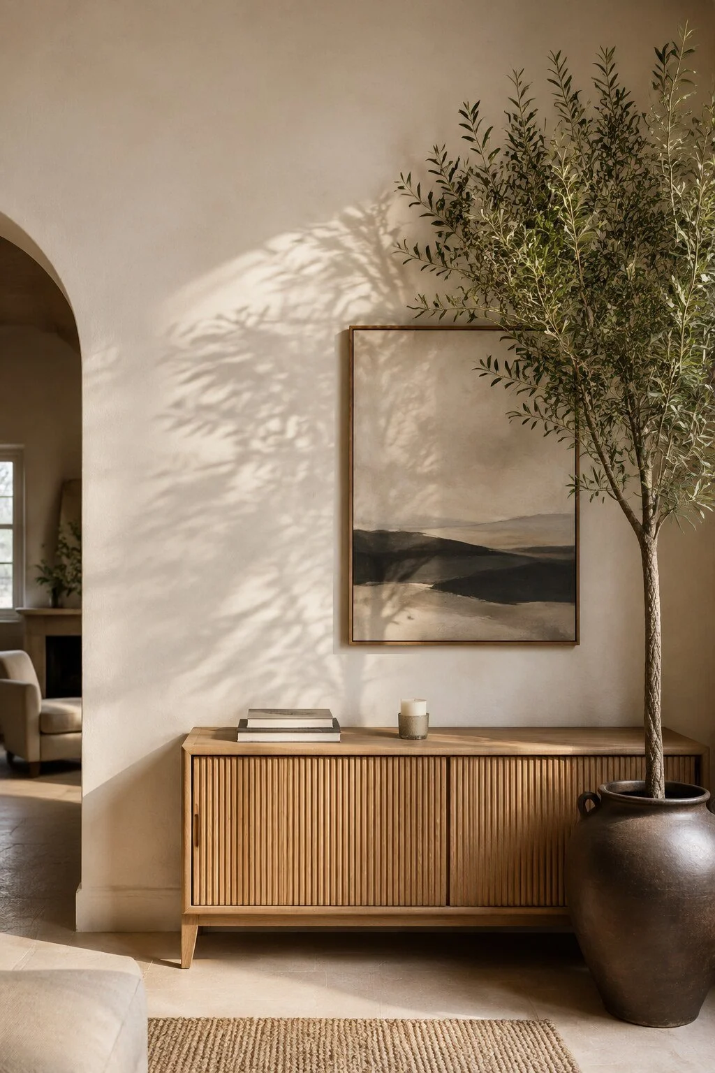 Sunlight and olive branches casting soft shadows across a warm residential interior
