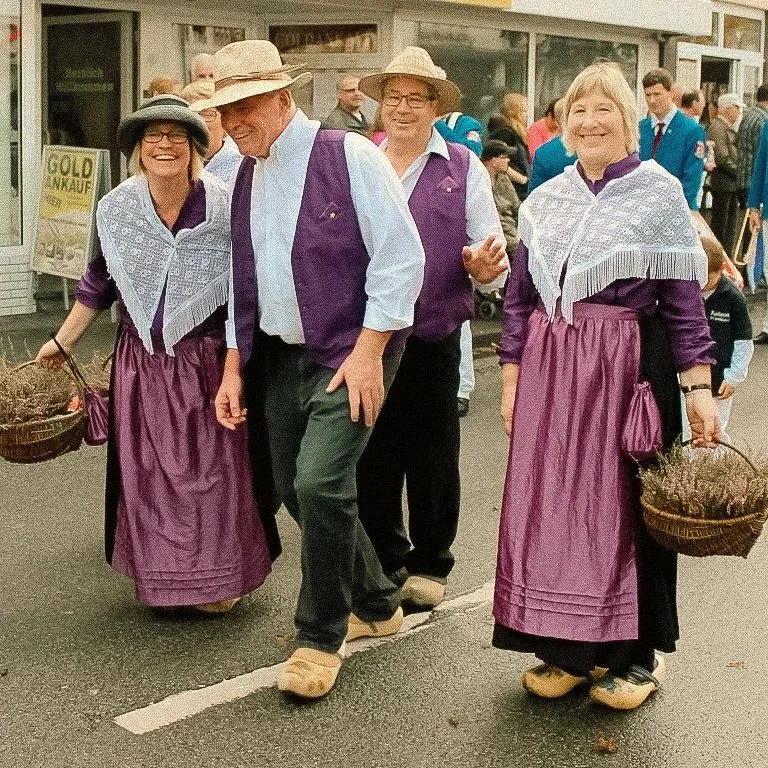 Menschen in traditionellen Trachten, wahrscheinlich bei einem Fest oder Umzug, tragen Holzschuhe und haben Körbe mit Pflanzen oder Blumen.