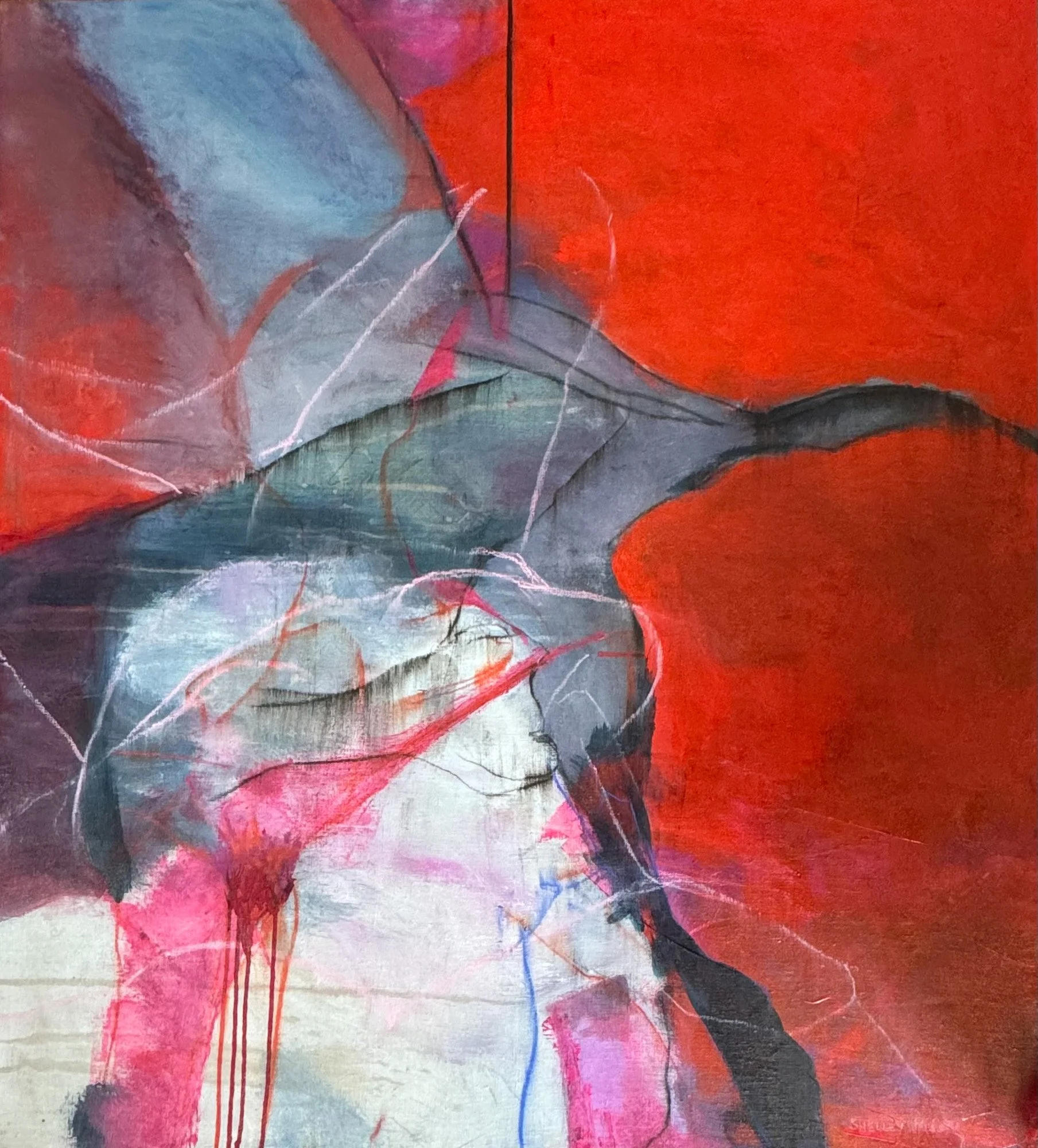 Abstract painting with red, black, gray, white, pink, and blue colors, featuring fluid shapes and lines.