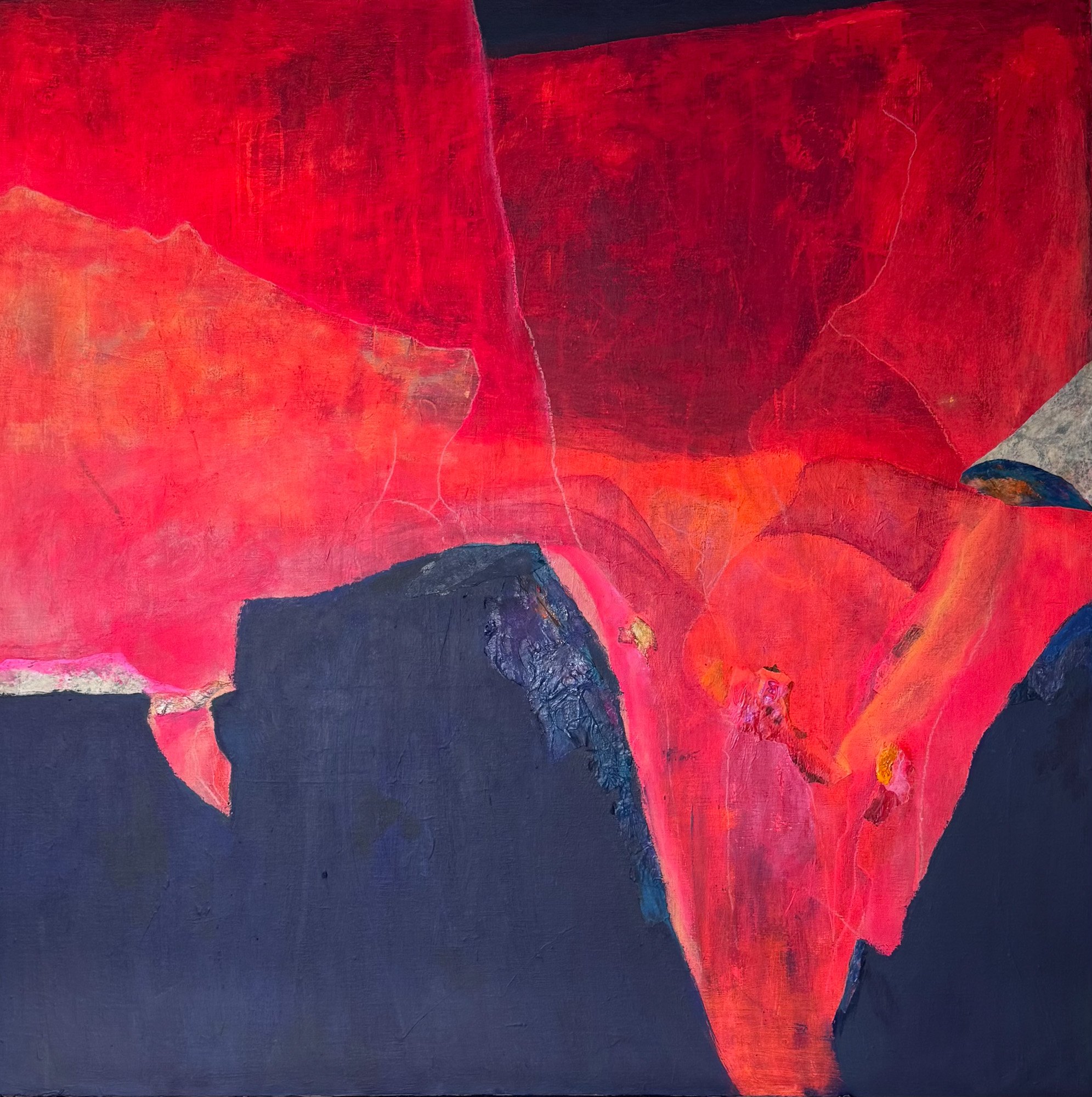 Abstract painting with large red and orange shapes, dark blue areas, and textured surfaces.