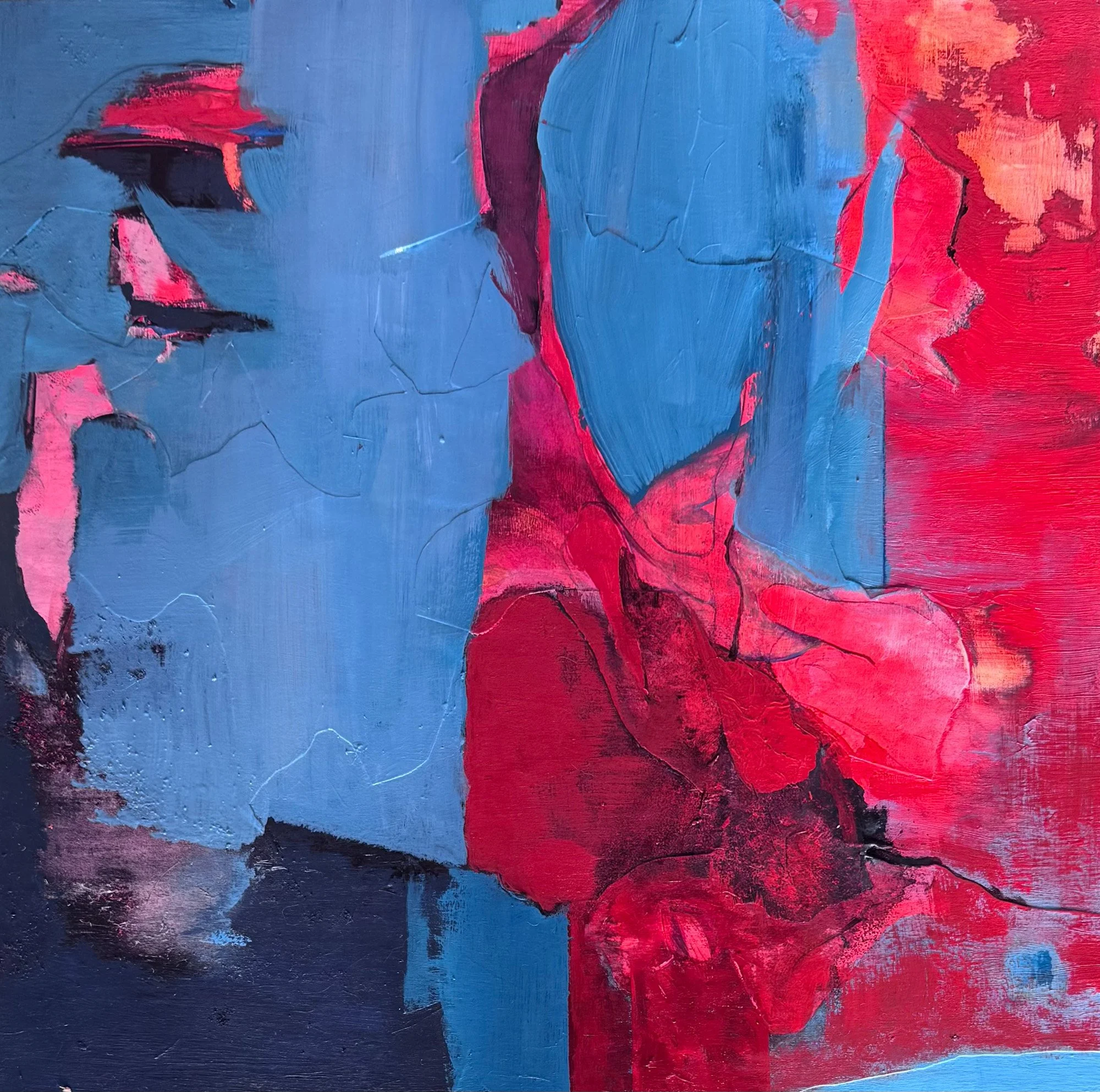 Abstract painting with large areas of blue and red, with black accents and textured brushstrokes.