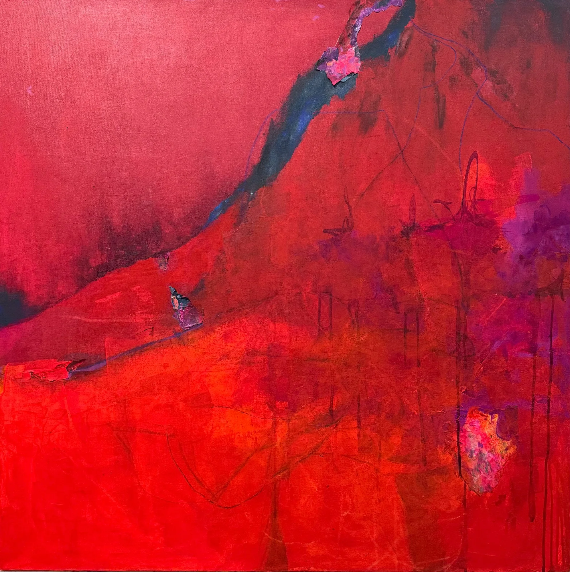 Abstract painting with dominant red tones, dark blue and purple streaks, and some textured patches and fine lines across the canvas.