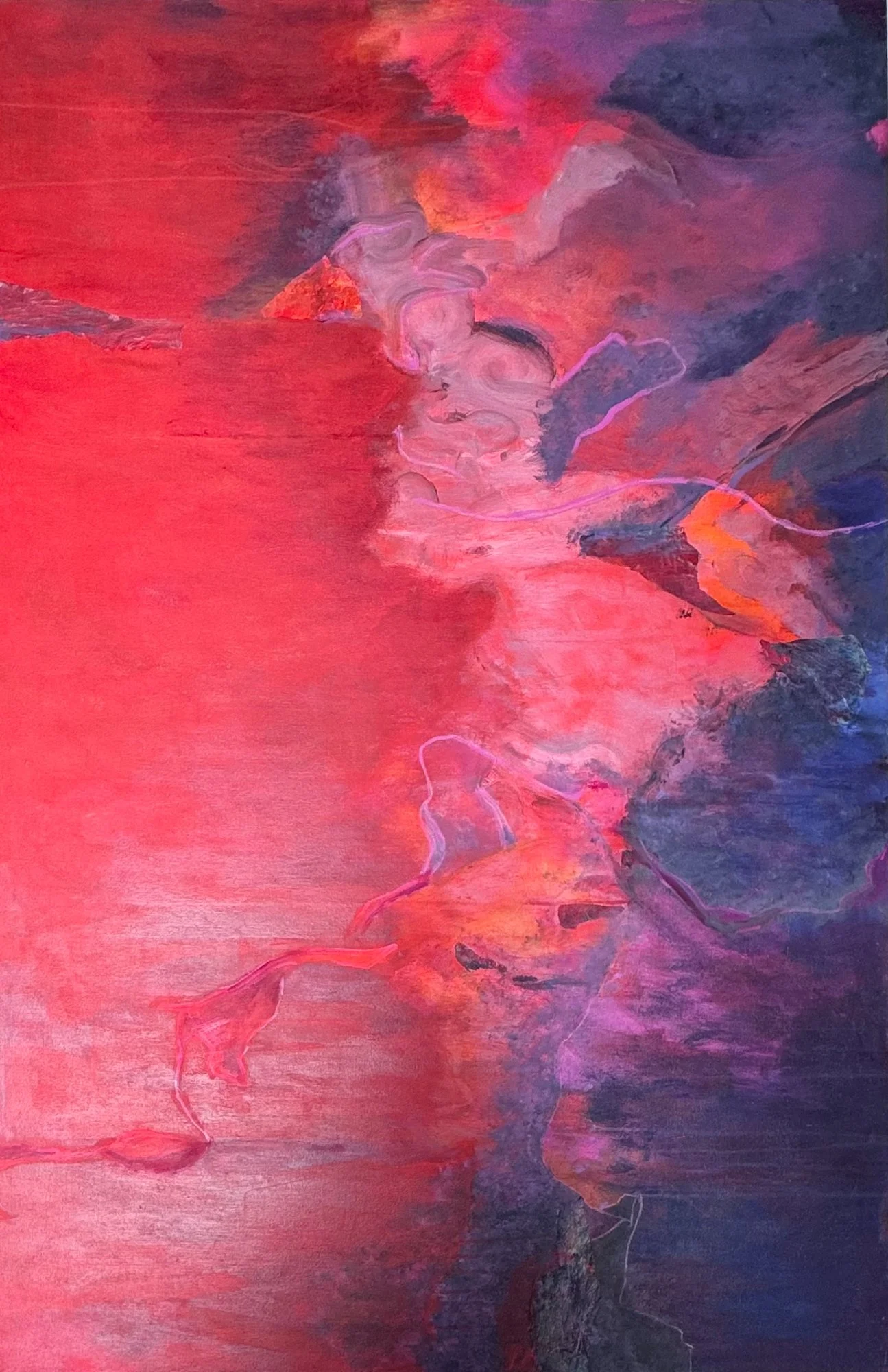 Abstract painting featuring shades and textures of red, pink, purple, and dark blue, resembling a storm or cosmic scene.