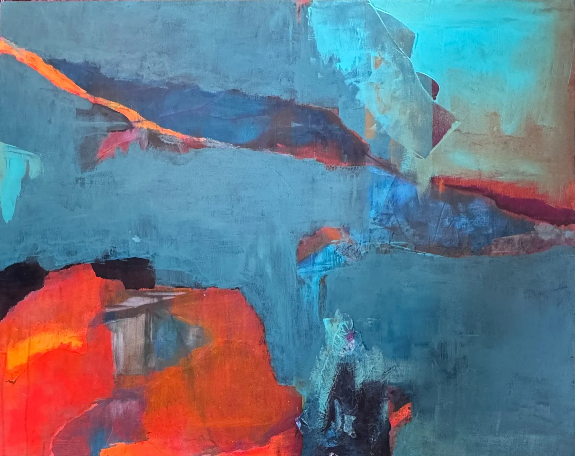 Abstract painting with blue, orange, and red tones, featuring broad brushstrokes and textured layers.