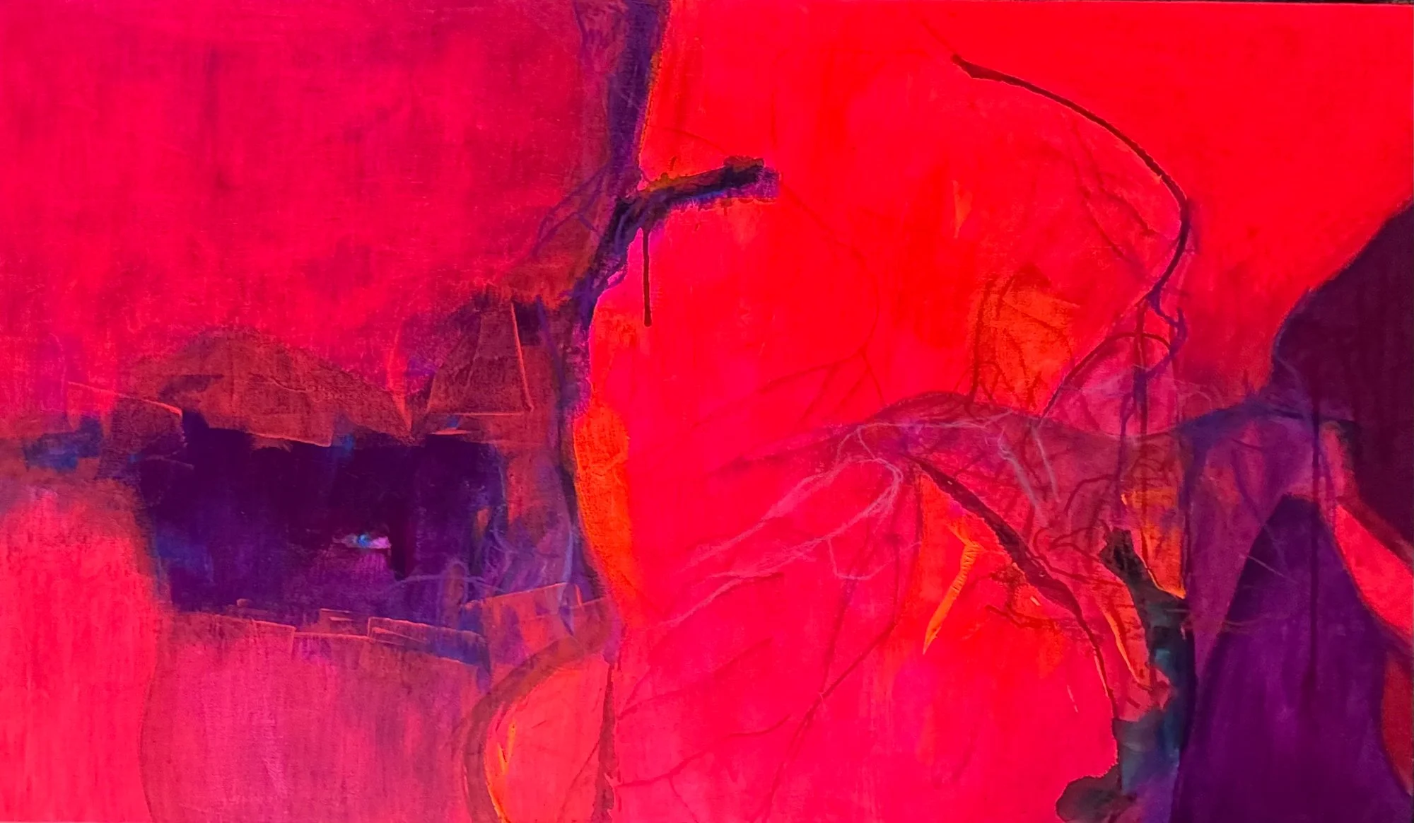 Abstract painting with pink, purple, and red hues, featuring dark branching lines and textured layered sections.