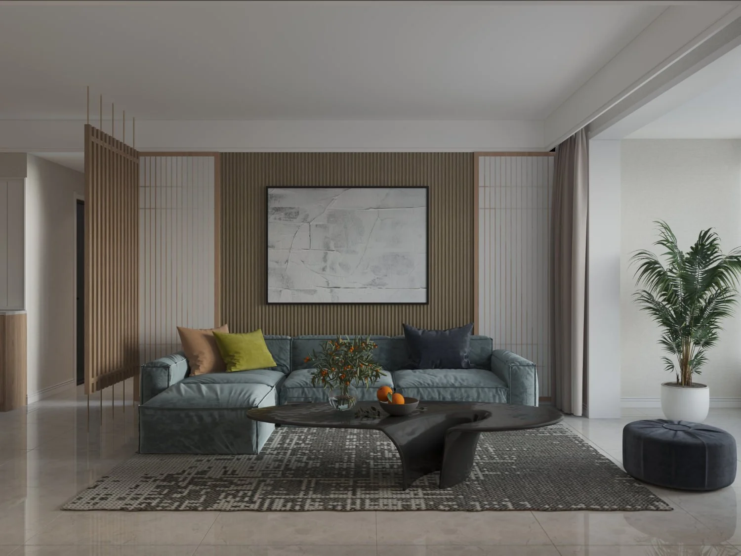 Modern living room with a green velvet sofa, decorative pillows, a black coffee table, a black pouf, a potted plant, artwork on the wall, and a large window with curtains.