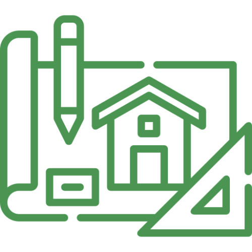 Icon of a house with a pencil, ruler, and blueprint.