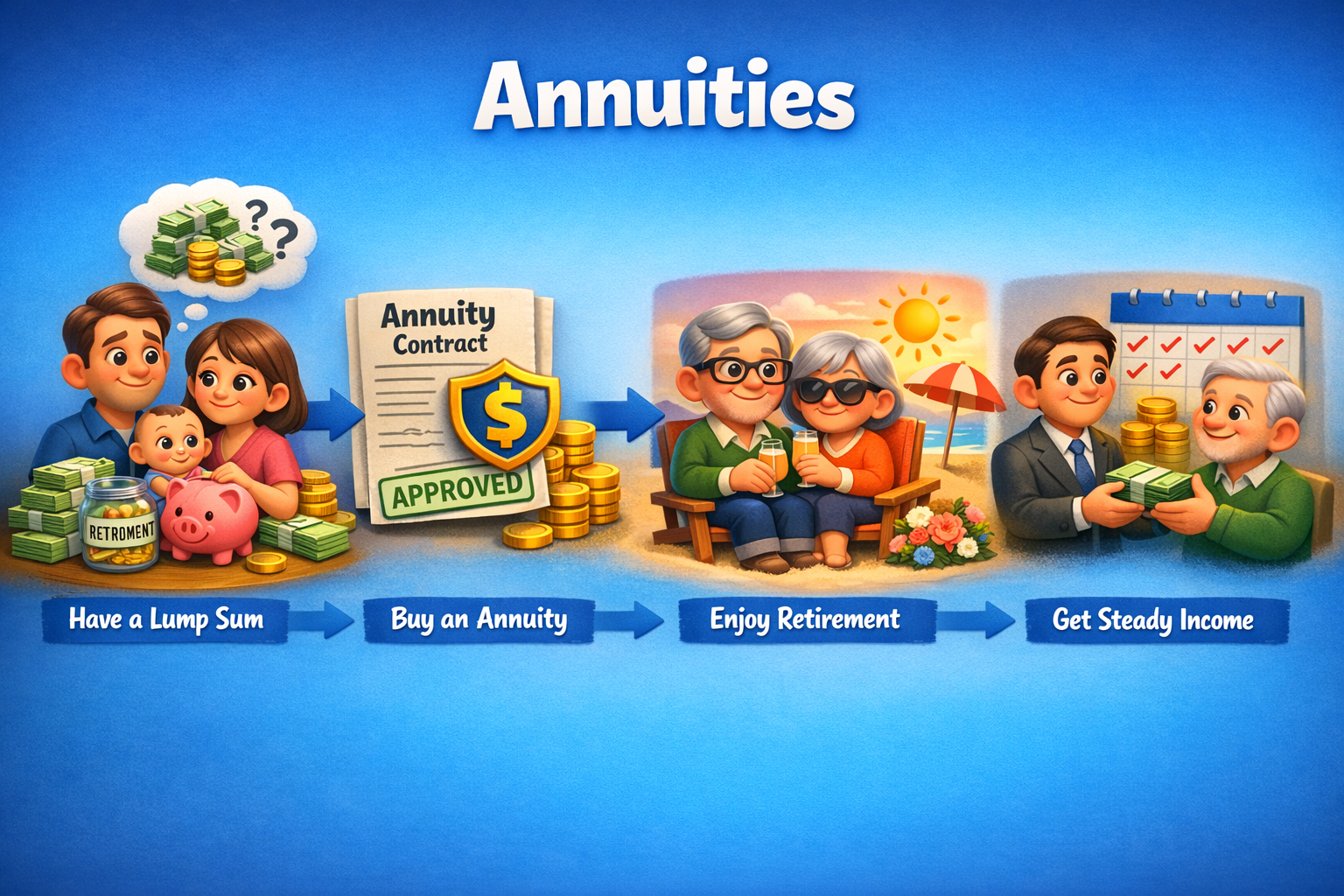 A digital illustration showing a financial planning process for retirement through annuities. It depicts a family with a piggy bank, coins, and a retainer jar labeled RETIREMENT, then an approved annuity contract, elderly couple enjoying a beach sunset, and a financial advisor handing money to an older man, emphasizing steps of planning, enjoying retirement, and maintaining steady income.