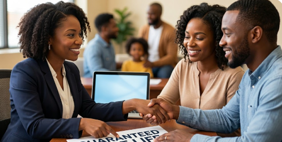 Life insurance agent and a couple shaking hands at table – Signing life insurance agreements in professional consultations.