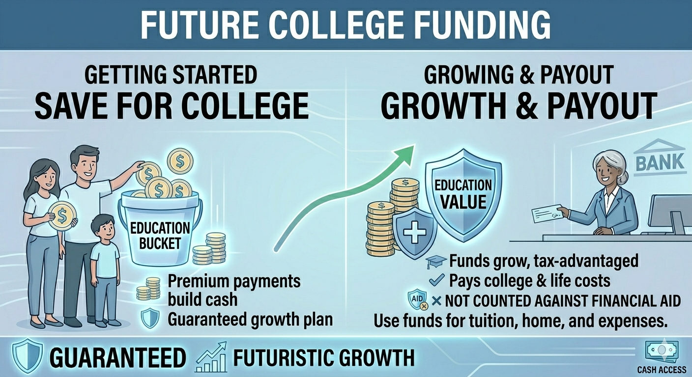 Infographic titled 'Future College Funding' illustrating two stages: 'Getting Started' with an 'Education Bucket' where premium payments build cash and guarantee a growth plan; and 'Growing & Payout' showing funds grow tax-advantaged, pay college and life costs, and use for tuition, home, and expenses, with a bank in the background.
