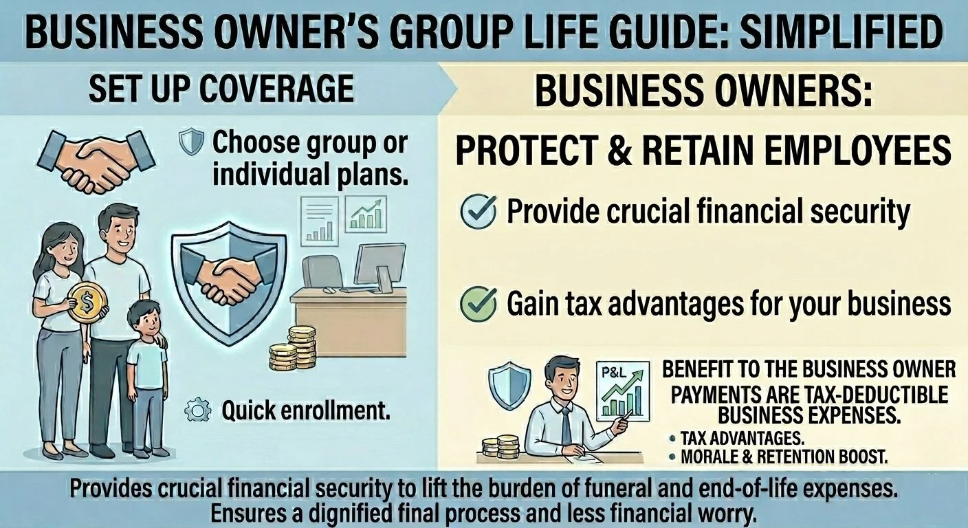 A guide for business owners on managing business owner life, including setup coverage, protecting and retaining employees, choosing plans, quick enrollment, financial security, tax advantages, and benefits like funding funeral and end-of-life expenses.