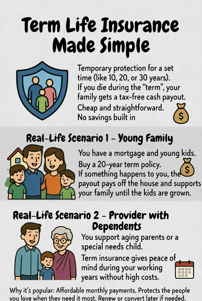 Infographic about term life insurance made simple, explaining temporary protection, and two real-life scenarios: a young family with a mortgage and young kids, and a provider supporting aging parents or a child with special needs.