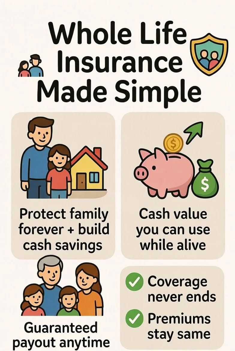 An infographic highlighting the benefits of whole life insurance. It features illustrations of a family, a piggy bank, and a group of people, with text emphasizing protection of family, cash value, guaranteed payout, coverage, and premiums.