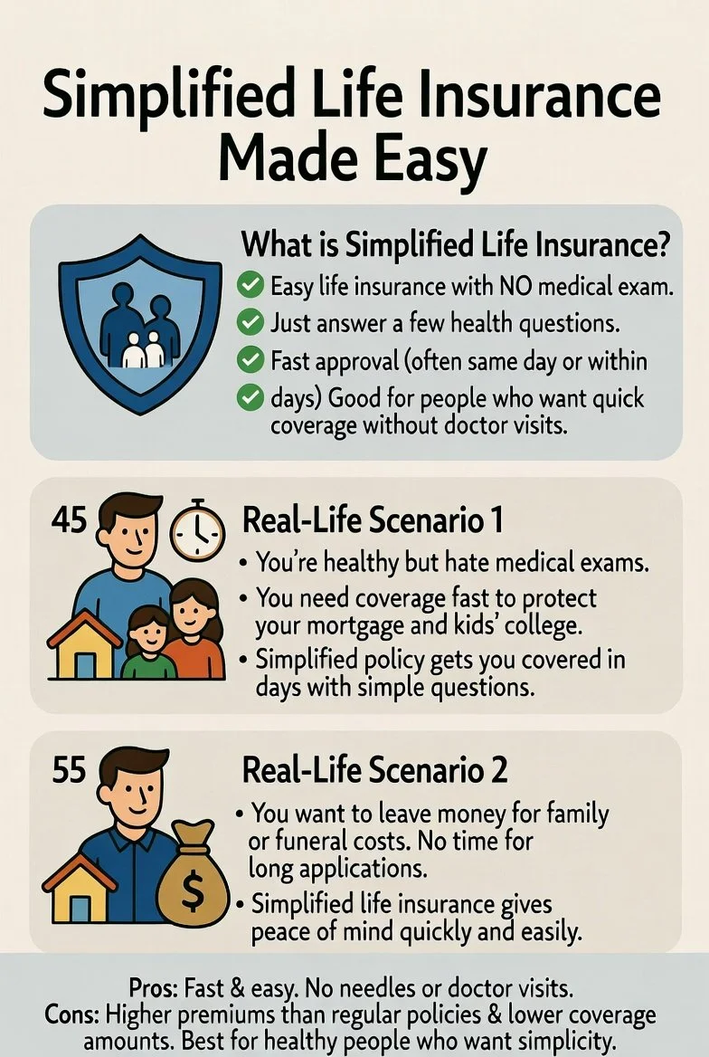 An infographic titled 'Simplified Life Insurance Made Easy' explaining the benefits of simplified life insurance with icons and text. It includes sections on what simplified life insurance is, followed by two real-life scenarios: Scenario 1 at age 45 with healthy people who dislike medical exams, and Scenario 2 at age 55 for those wanting quick coverage or peace of mind without long applications. Pros and cons of this insurance are listed at the bottom.