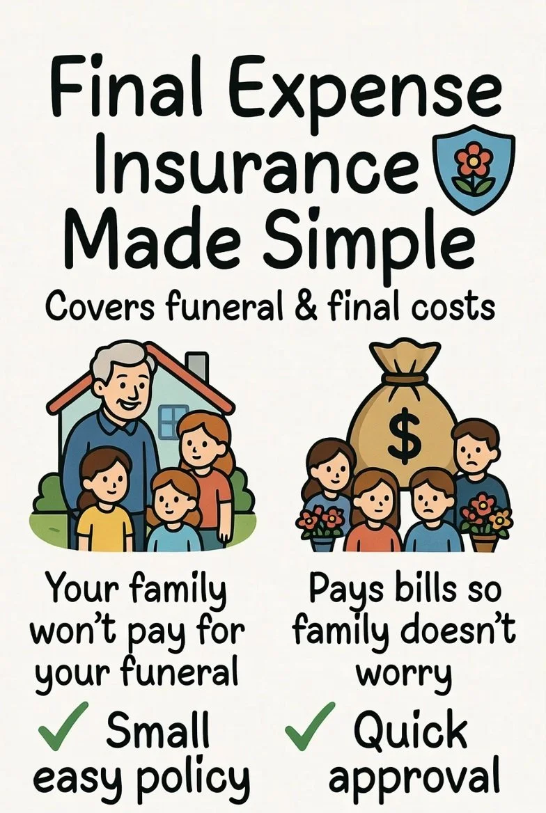 A promotional flyer for final expense insurance with simple coverage options. It features illustrations of a family and a money bag with dollar signs, and includes text about covering funeral and final costs, with phrases about easy policies and quick approval.