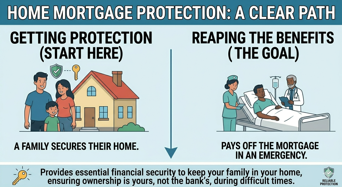 Infographic titled 'Home Mortgage Protection: A Clear Path'. Left side shows a smiling family in front of a house with a shield and key icons, labeled 'Getting Protection (Start Here)', with the caption 'A family secures their home'. Right side depicts a patient in a hospital bed with medical staff, labeled 'Reaping the Benefits (The Goal)', with the caption 'Pays off the mortgage in an emergency'. Bottom text explains that the process provides financial security during difficult times.